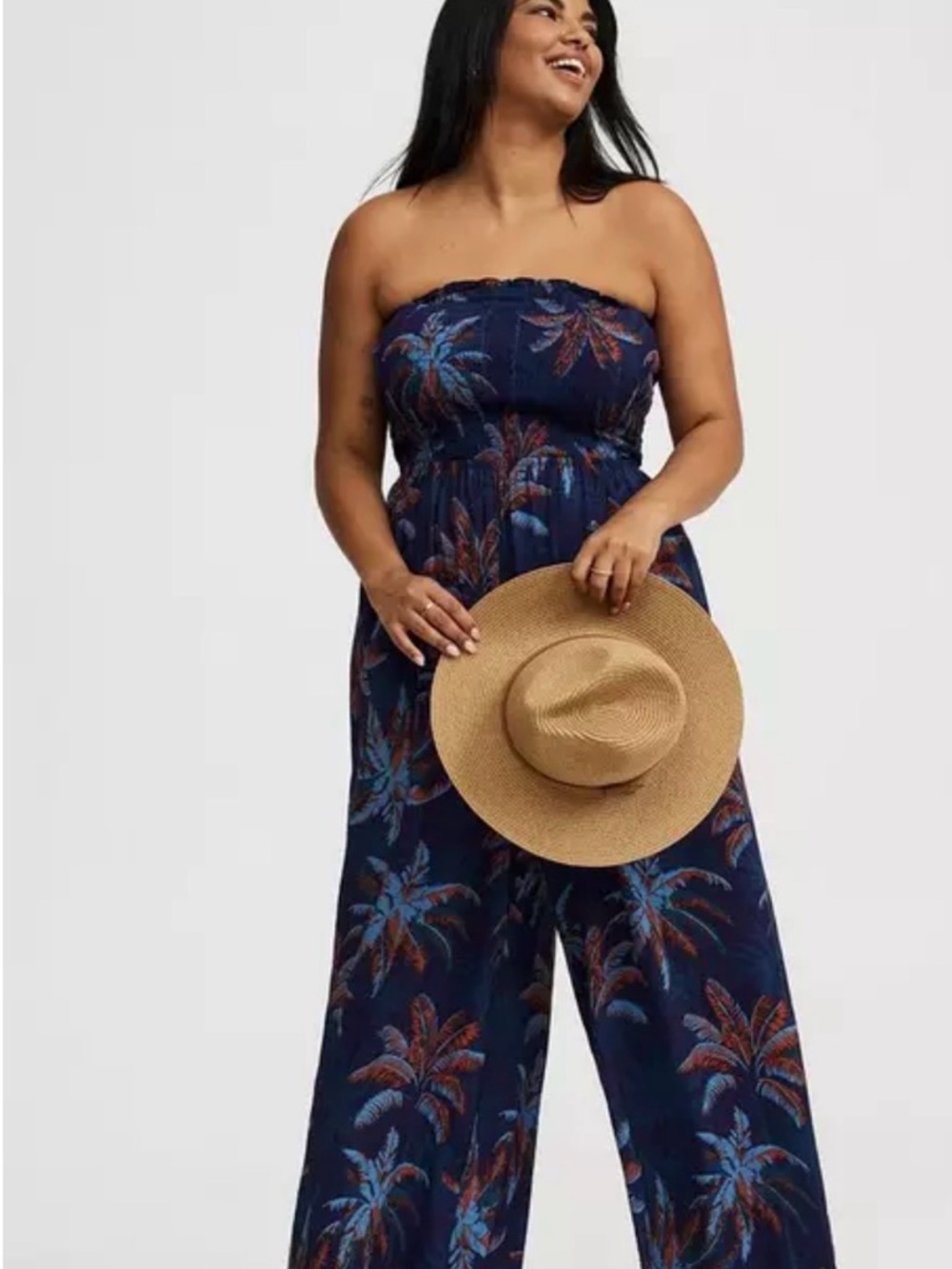 Torrid Smocked Tube Jumpsuit in Tropical shadow peacock. Removable straps! 1x